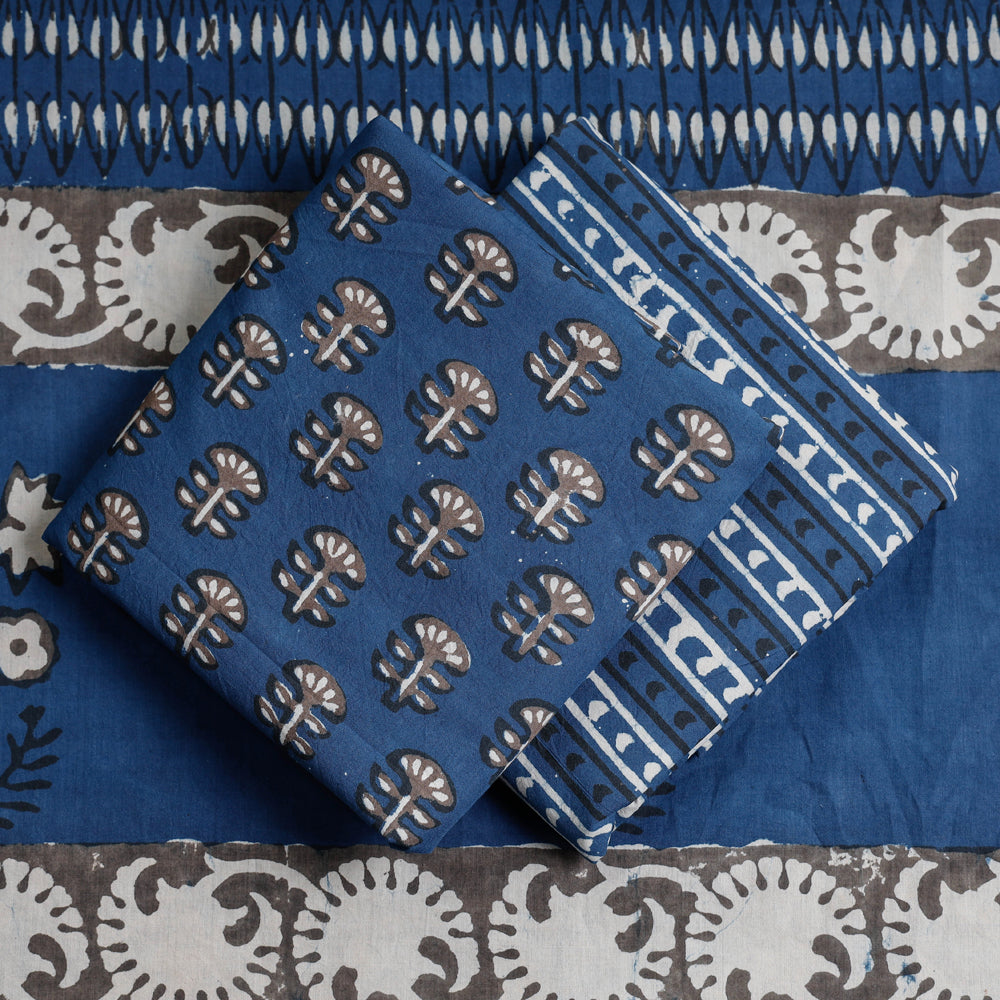 Blue - 3pc Pipad Block Printing Cotton Suit Material Set