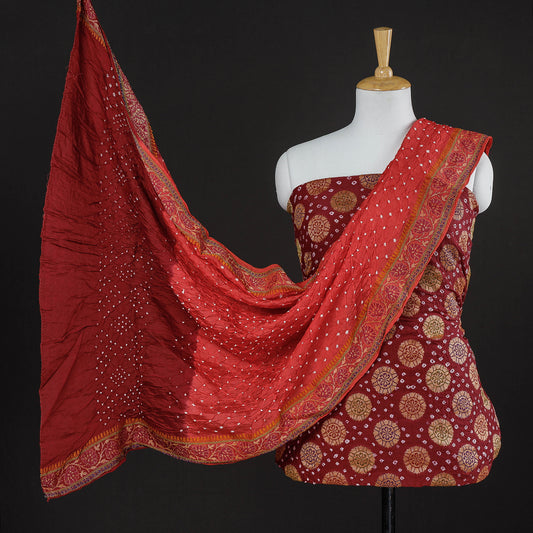 Red - 3pc Kutch Bandhani Tie-Dye Heavy Work Gajji Silk Suit Material Set