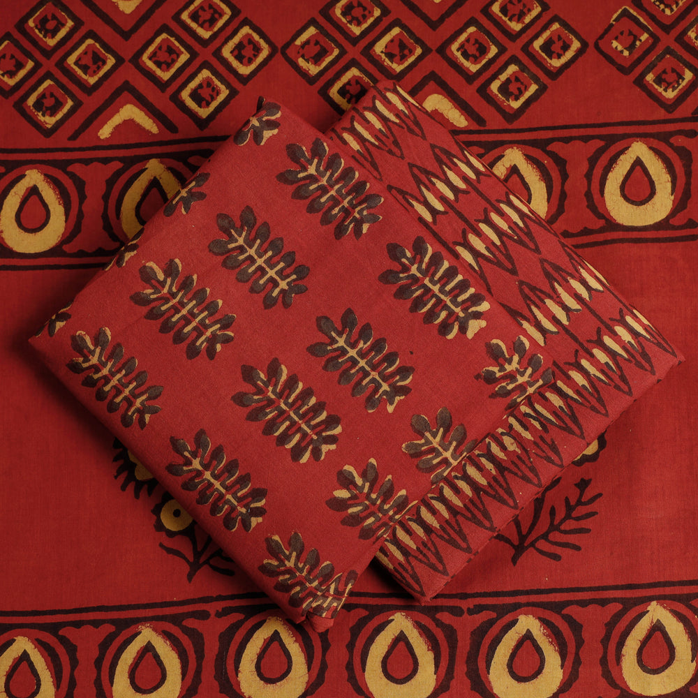 Red - 3pc Pipad Block Printing Cotton Suit Material Set