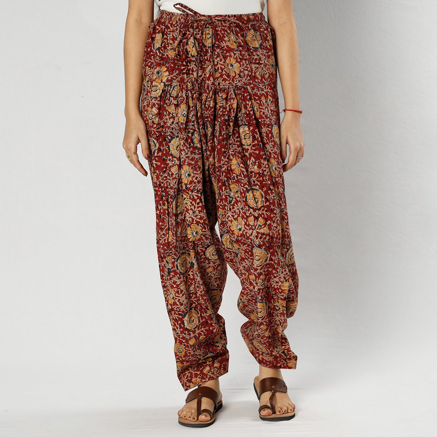 Maroon - Pedana Kalamkari Block Printing Cotton Elasticated Salwar