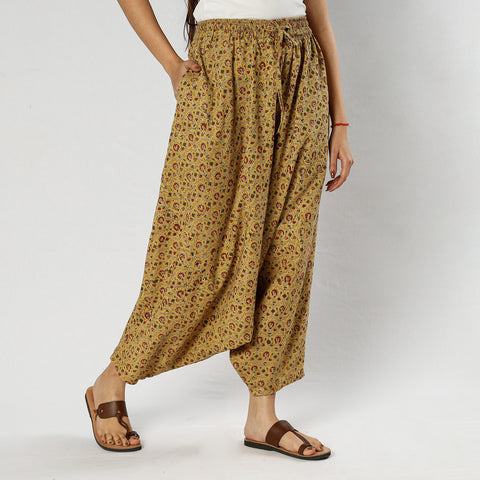 Beige - Pedana Kalamkari Block Print Cotton Harem Pant