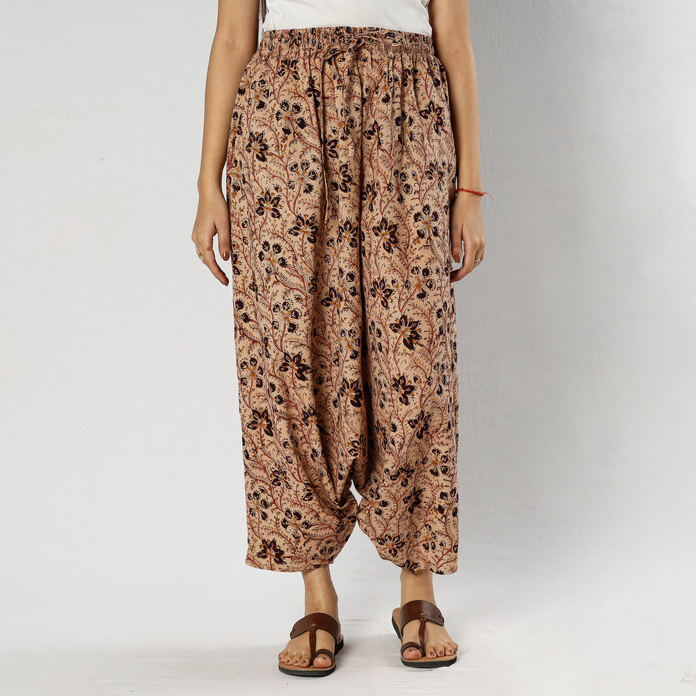 Beige - Pedana Kalamkari Block Print Cotton Harem Pant