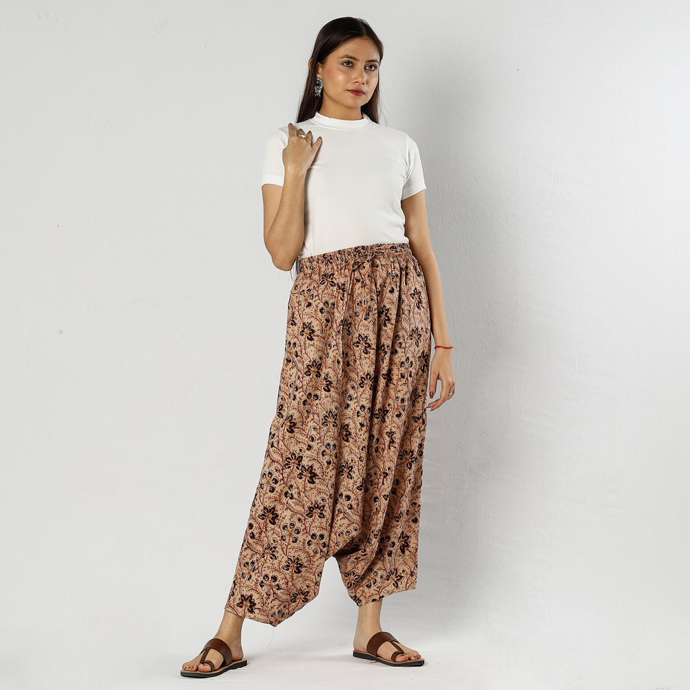 Beige - Pedana Kalamkari Block Print Cotton Harem Pant