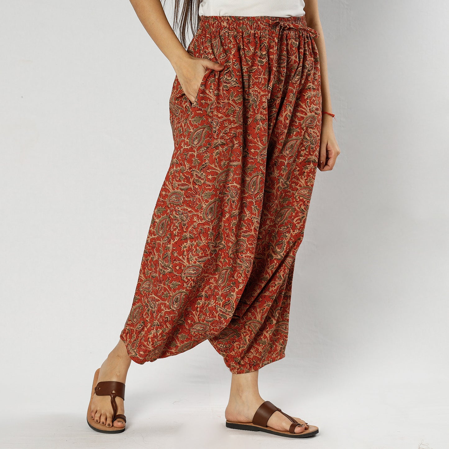 Red - Pedana Kalamkari Block Print Cotton Harem Pant