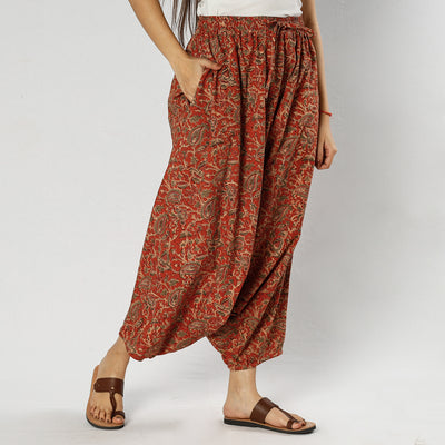 Red - Pedana Kalamkari Block Print Cotton Harem Pant