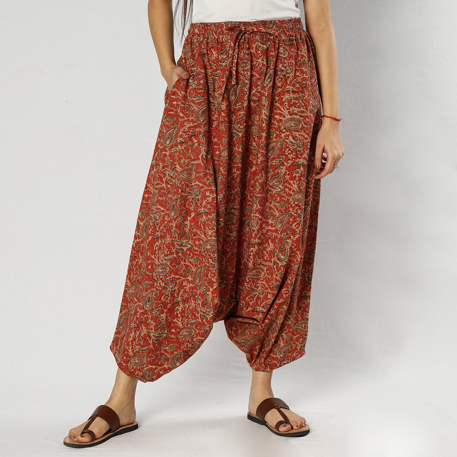 Red - Pedana Kalamkari Block Print Cotton Harem Pant