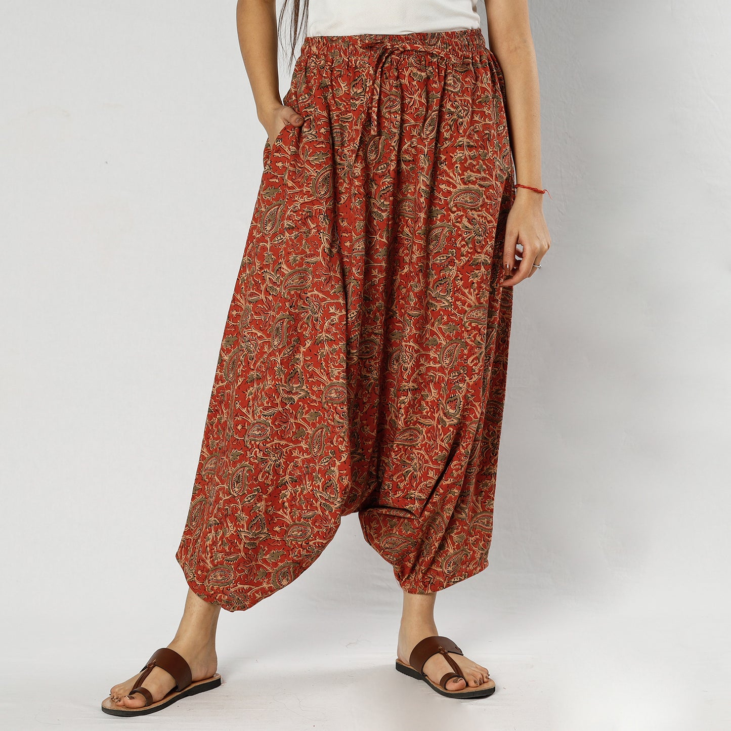Red - Pedana Kalamkari Block Print Cotton Harem Pant