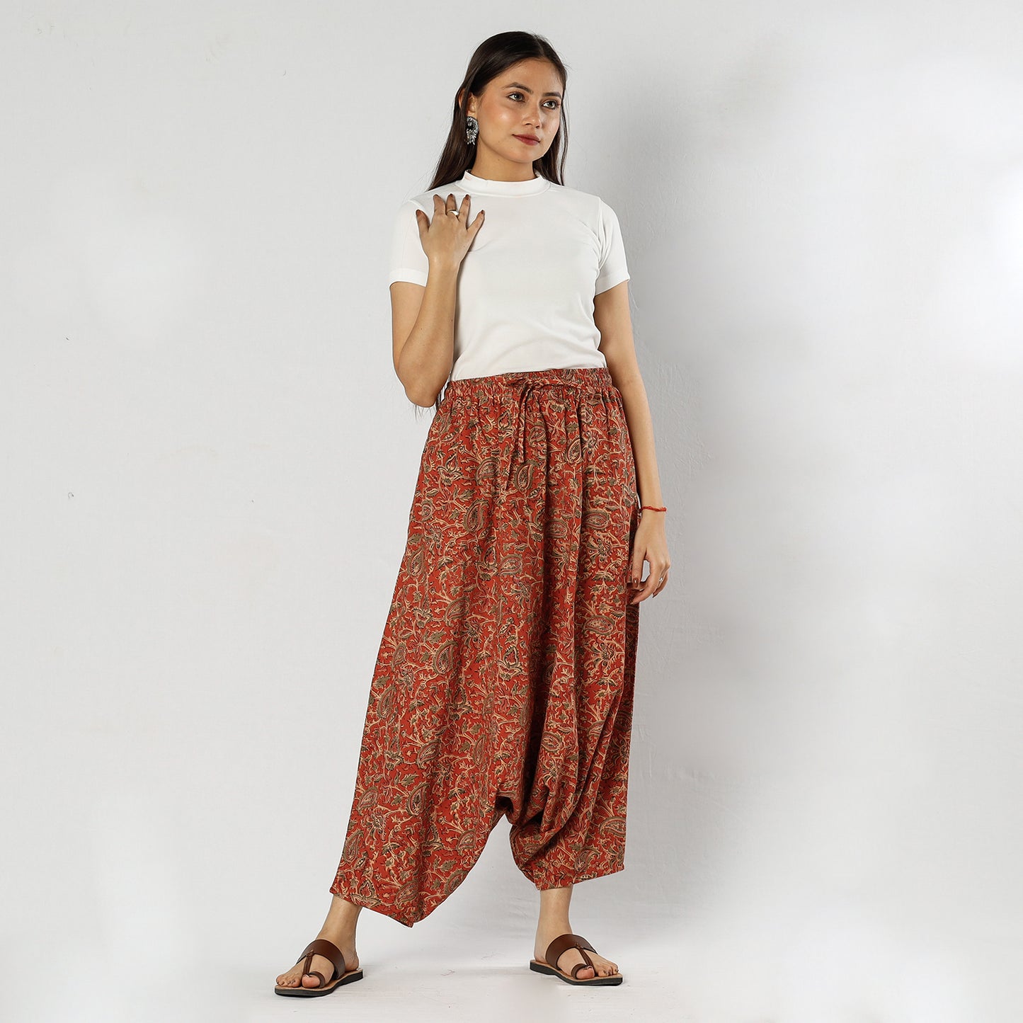 Red - Pedana Kalamkari Block Print Cotton Harem Pant