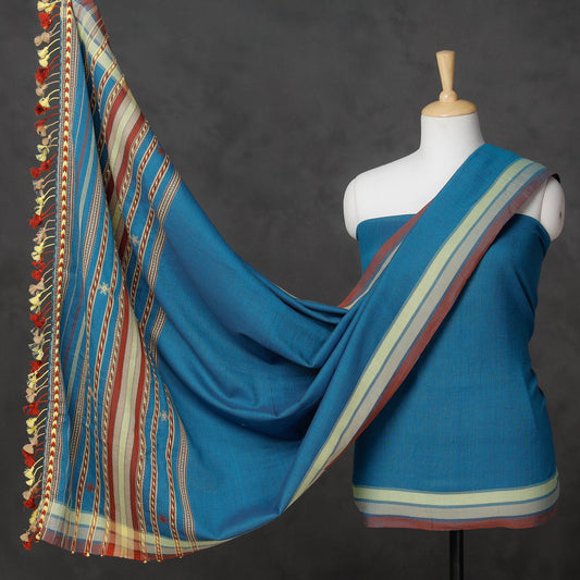 Blue - 2pc Kutch Bhujodi Weaving Handloom Fine Cotton Suit Material Set