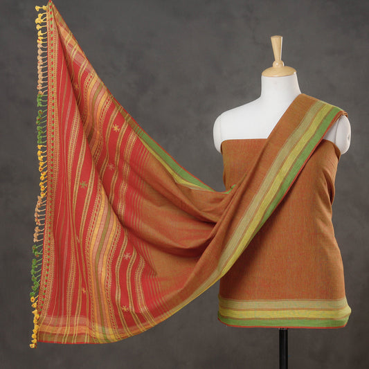 Brown - 2pc Kutch Bhujodi Weaving Handloom Fine Cotton Suit Material Set