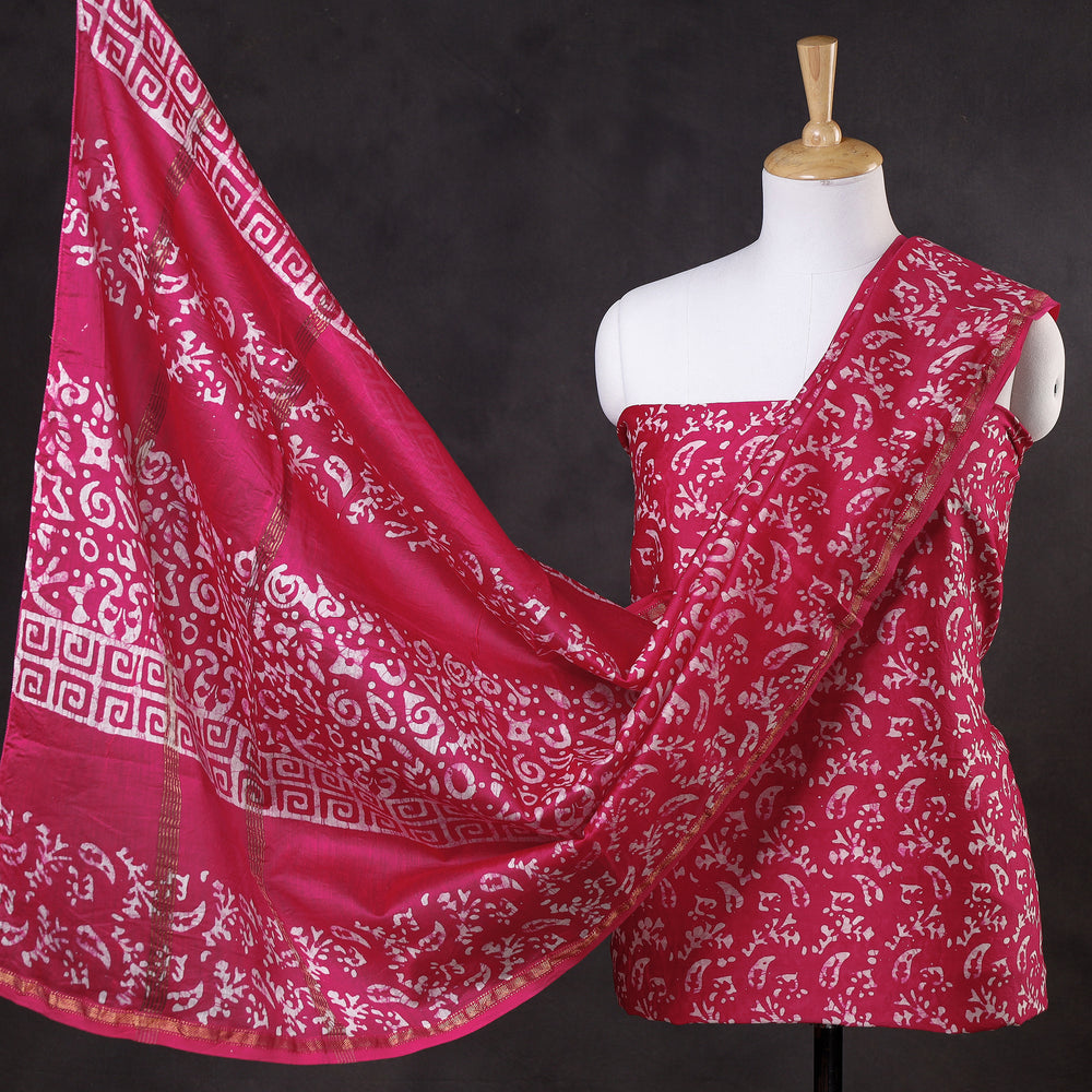 Pink - 3pc Hand Batik Printed Chanderi Silk Suit Material Set