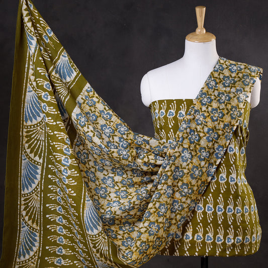 Green - 3pc Kutch Batik Printed Cotton Suit Material Set