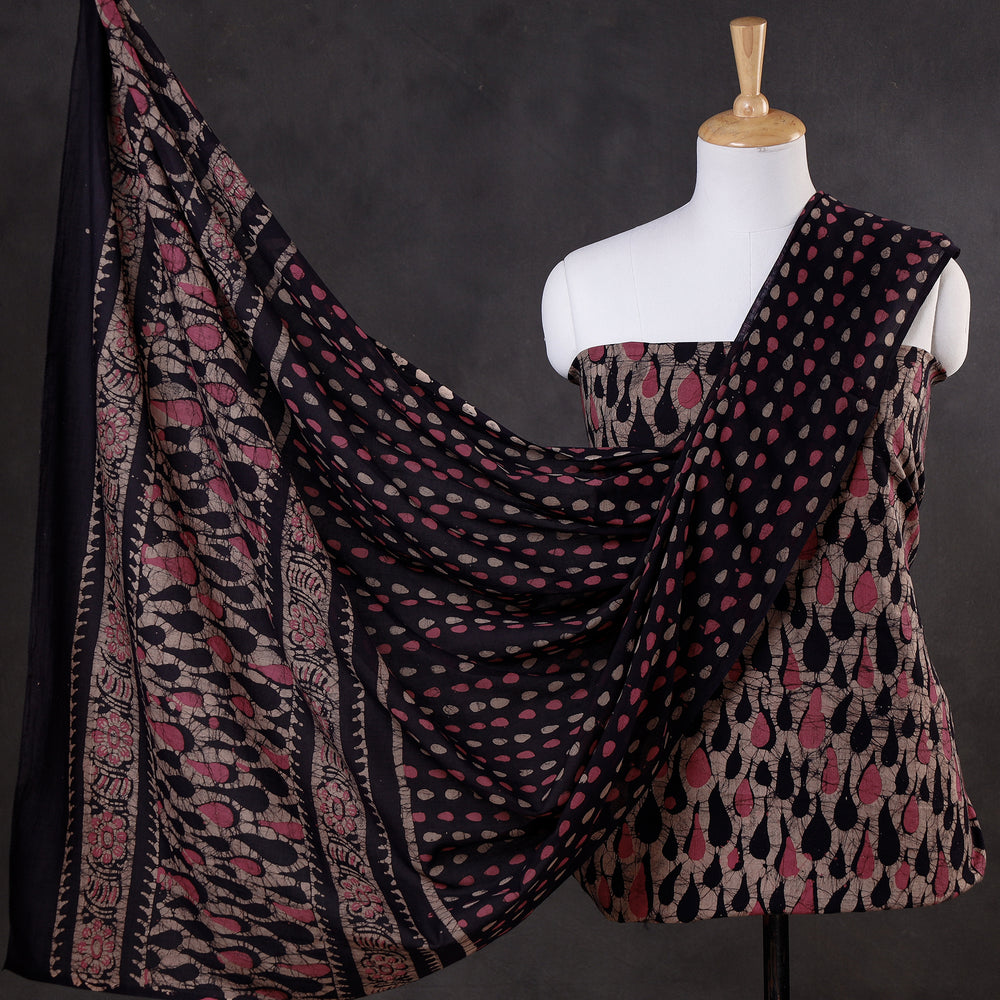 Black - Brown - 3pc Kutch Batik Print Cotton Dress Material 03