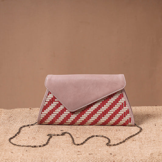 Pink - Sitalpati शीतल पाटी Grass Handwoven Sling Bag with Leather Flap