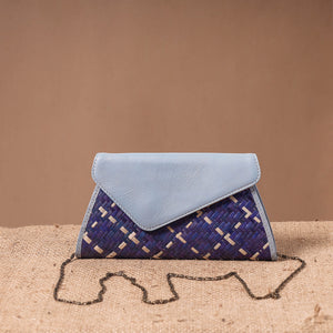Blue - Sitalpati शीतल पाटी Grass Handwoven Sling Bag with Leather Flap