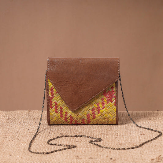 Brown - Sitalpati शीतल पाटी Grass Handwoven Sling Bag with Leather Flap