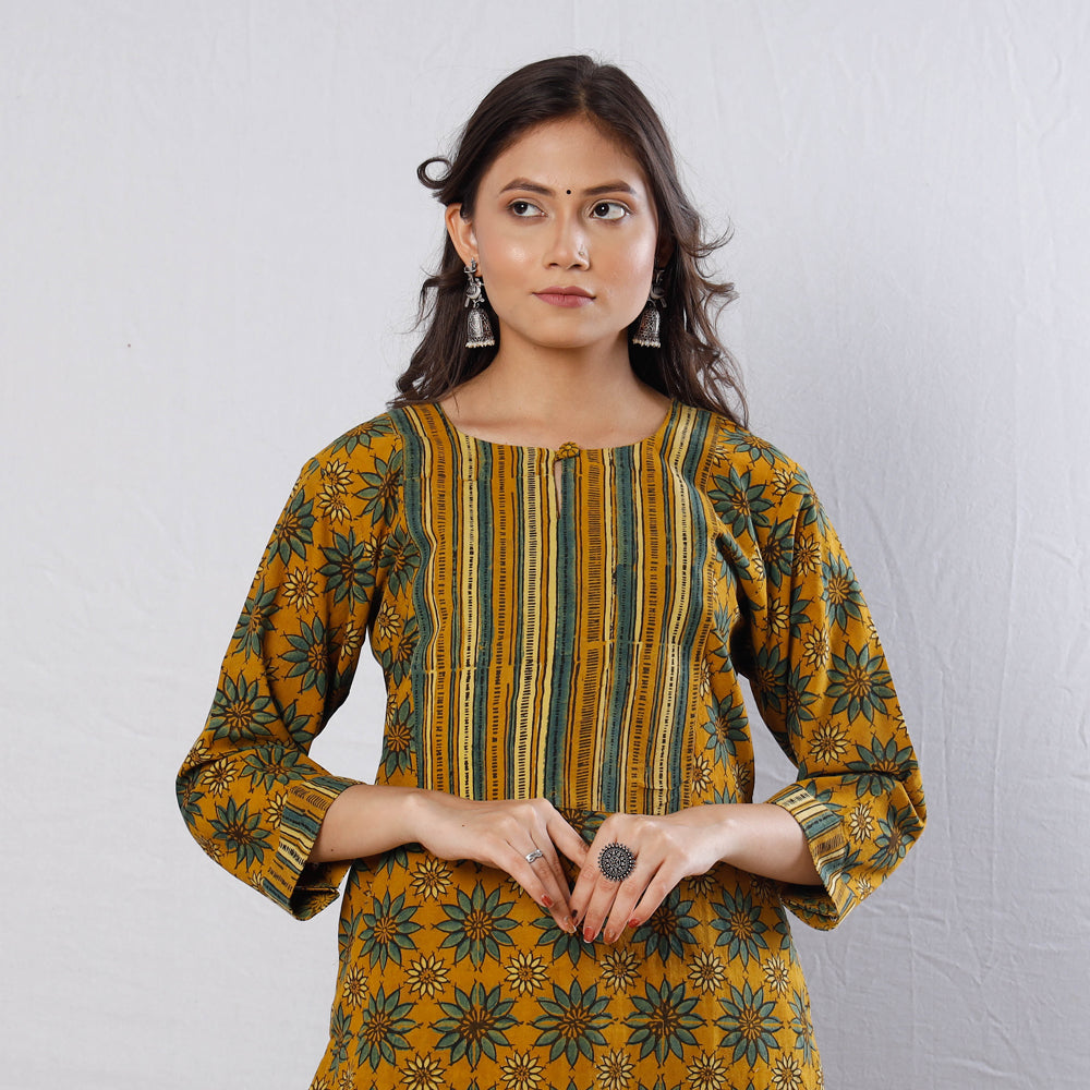 Yellow Green Flowers Ajrakh Block Printed Kurta with Palazzo Set