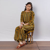 Yellow Green Flowers Ajrakh Block Printed Kurta with Palazzo Set