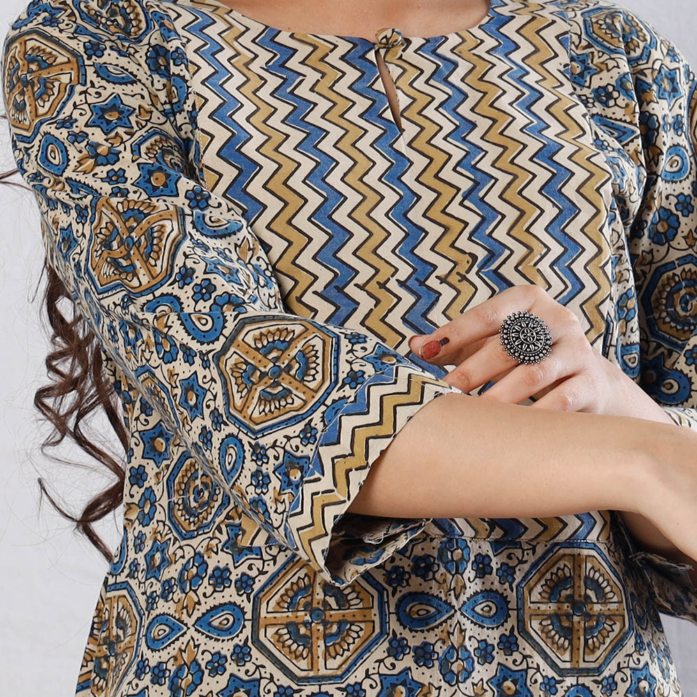 Beige - Cream Blue Zig Zag Ajrakh Block Printed Kurta with Palazzo Set