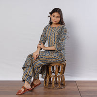 Beige - Cream Blue Zig Zag Ajrakh Block Printed Kurta with Palazzo Set