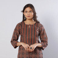 Brown Black Geometric Flowers Ajrakh Block Printing Kurti with Pant Set