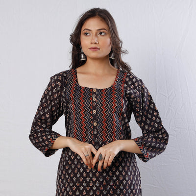 Black Geometric Buti Ajrakh Block Printing Cotton Long Kurti