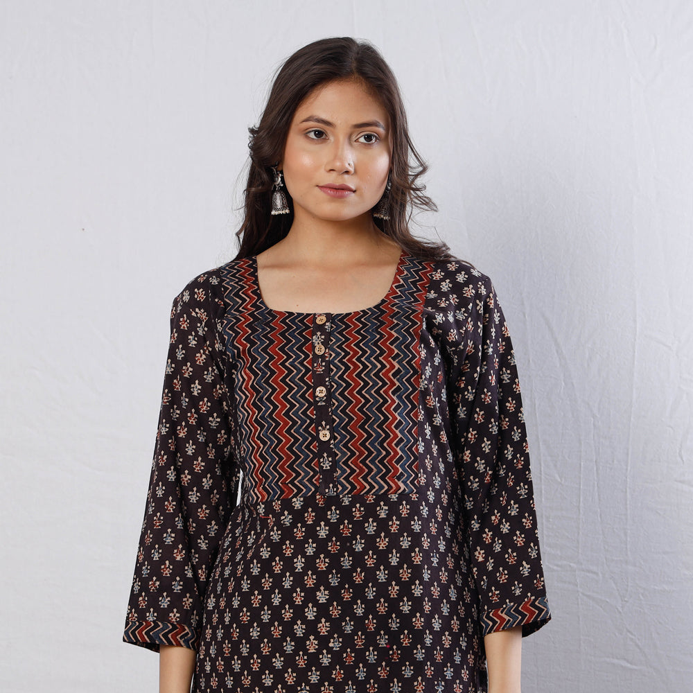 Black Geometric Buti Ajrakh Block Printing Cotton Long Kurti