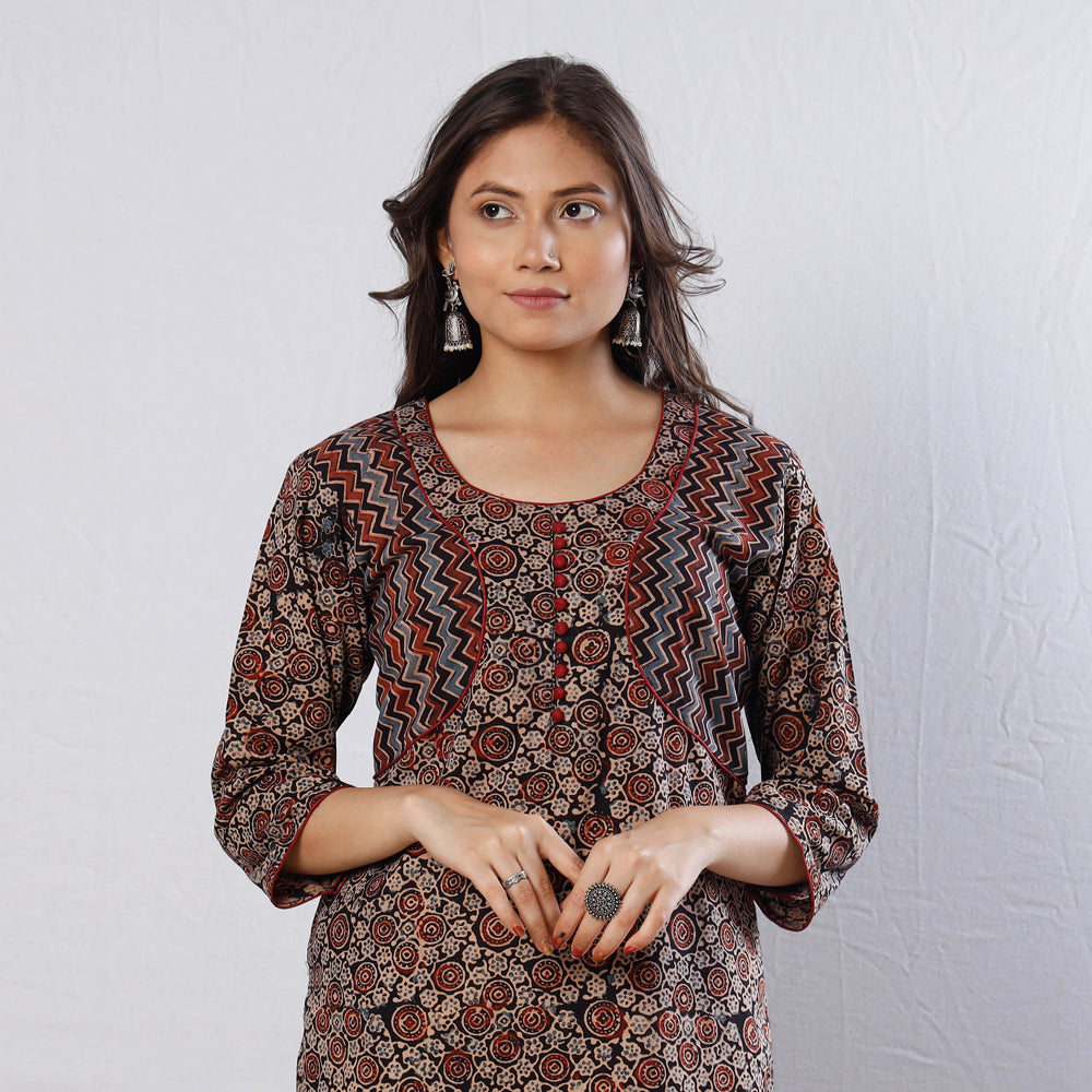 Buy Black Ajrakh Block Printed Cotton Long Kurta for Women
