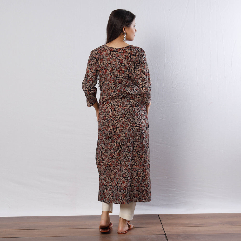 Buy Black Ajrakh Block Printed Cotton Long Kurta for Women
