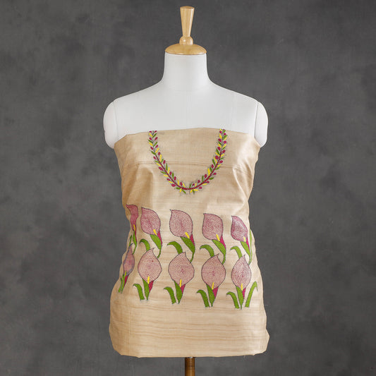 Beige - Bengal Kantha Embroidery Tussar Silk Kurti Material - 3 Meter