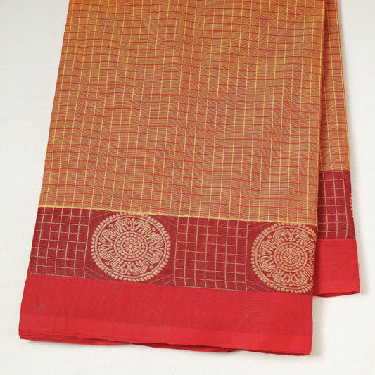 Orange - Kanchipuram Checks Cotton Fabric with Thread Border