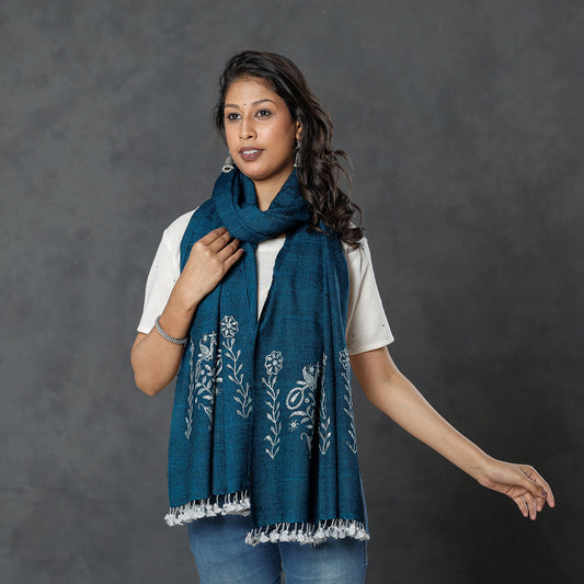 Blue - Kutch Handwoven Pakko Embroidery Silk x Merino Wool Stole
