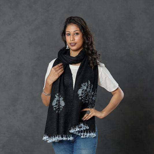 Black - Kutch Handwoven Pakko Embroidery Silk x Merino Wool Stole