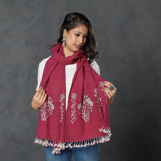 Pink - Kutch Handwoven Pakko Embroidery Silk x Merino Wool Stole