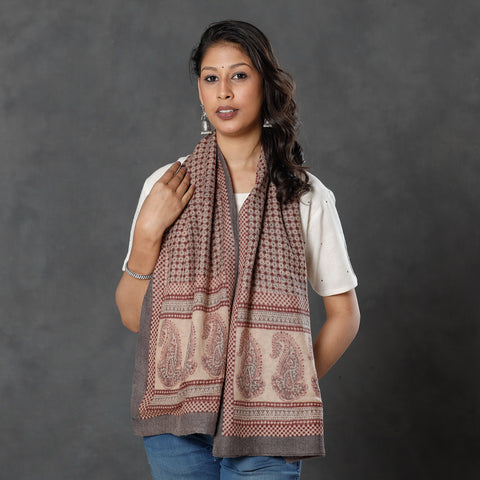 Brown - Bagh Block Printed Natural Dyed Woolen Muffler (61 in)