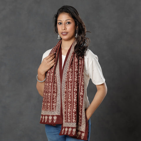 Brown - Bagh Block Printed Natural Dyed Woolen Muffler (61 in)