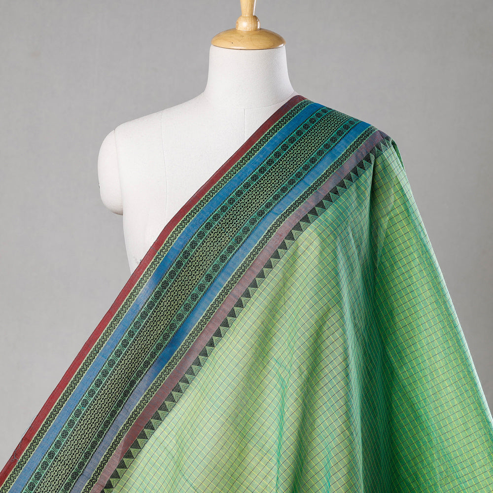 Green - Kanchipuram Checks Cotton Fabric with Thread Border