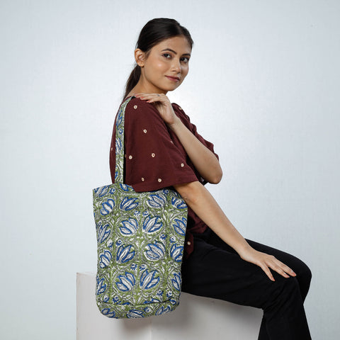 Green - Handcrafted Quilted Sanganeri Block Printed Shoulder Bag
