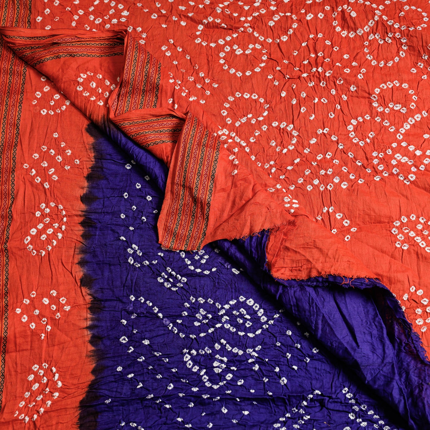 Orange - Kutch Bandhani Cotton Saree with Resham Border & Blouse Piece