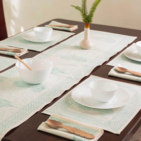 Green Sanganeri Print Cotton Table Runner with Mats & Napkins