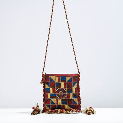 Brown - Lambani Hand Embroidery Cotton Crossbody Sling Dori Bag by Sandur Kushala Kala Kendra