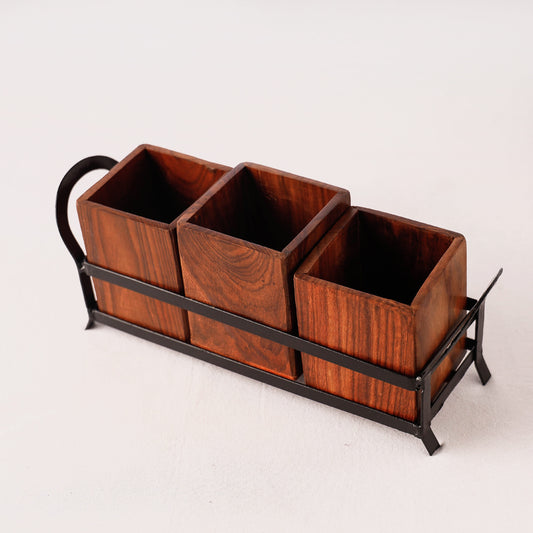 Handcrafted Sheesham Wooden Cutlery Holder with 3 Wooden jar and one Wrought Iron Stand