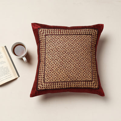 Maroon - Kutch Neran Hand Embroidery Raw Silk Cushion Cover (16 x 16 in)
