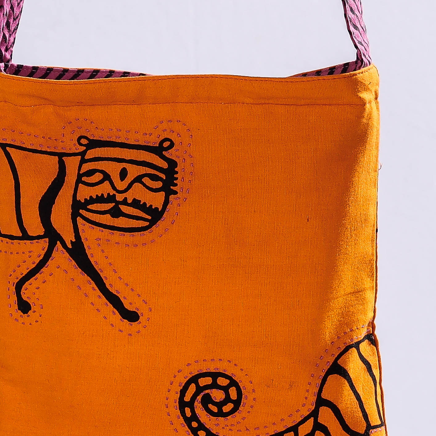 Orange - Kantha Work Block Print Cotton Sling Bag