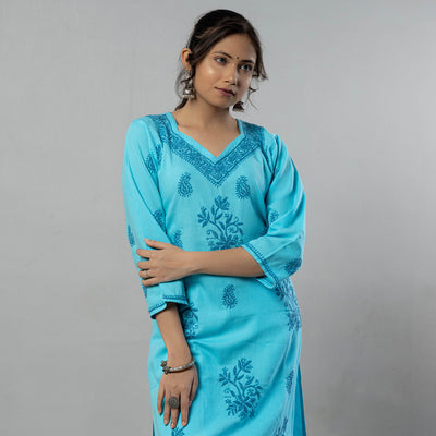 Sky Blue Chikankari Hand Embroidered Cotton Long Kurta
