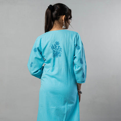 Sky Blue Chikankari Hand Embroidered Cotton Long Kurta