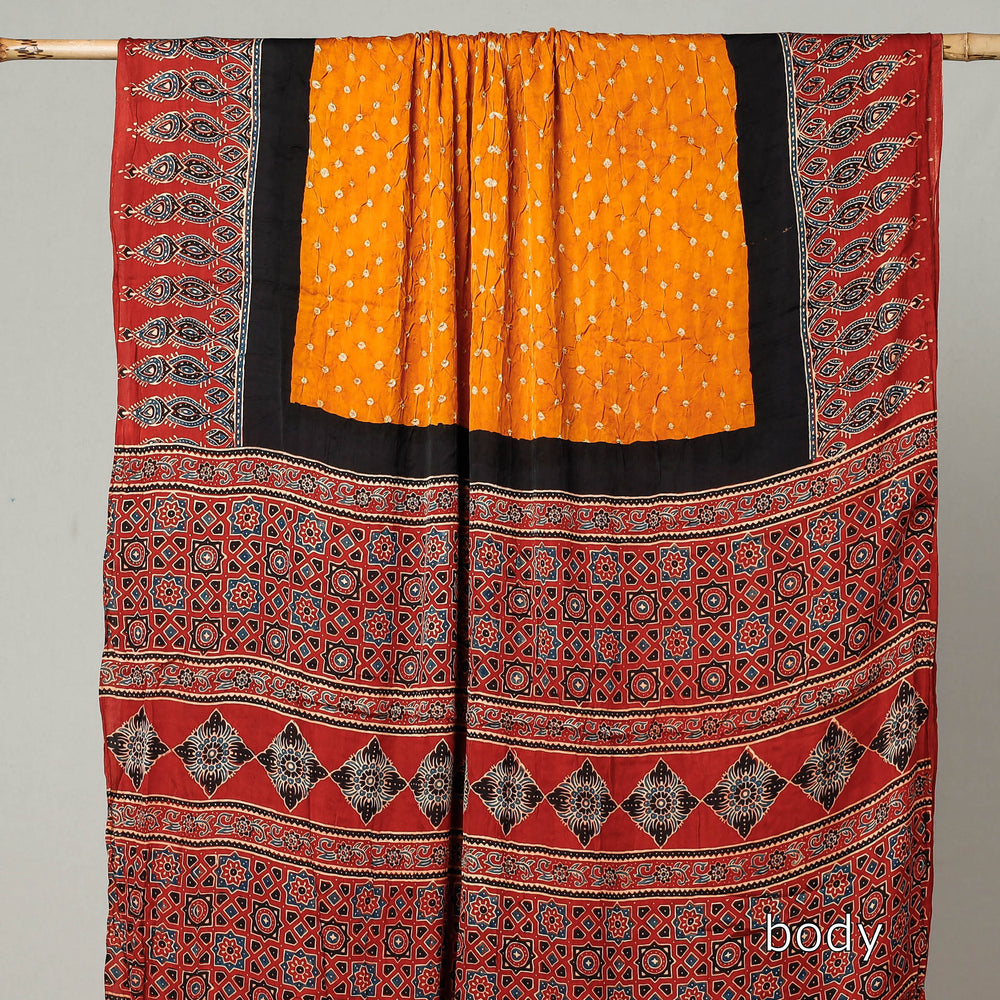 Red - Kutch Bandhani Tie-Dye Modal Silk Ajrakh Block Printing Saree