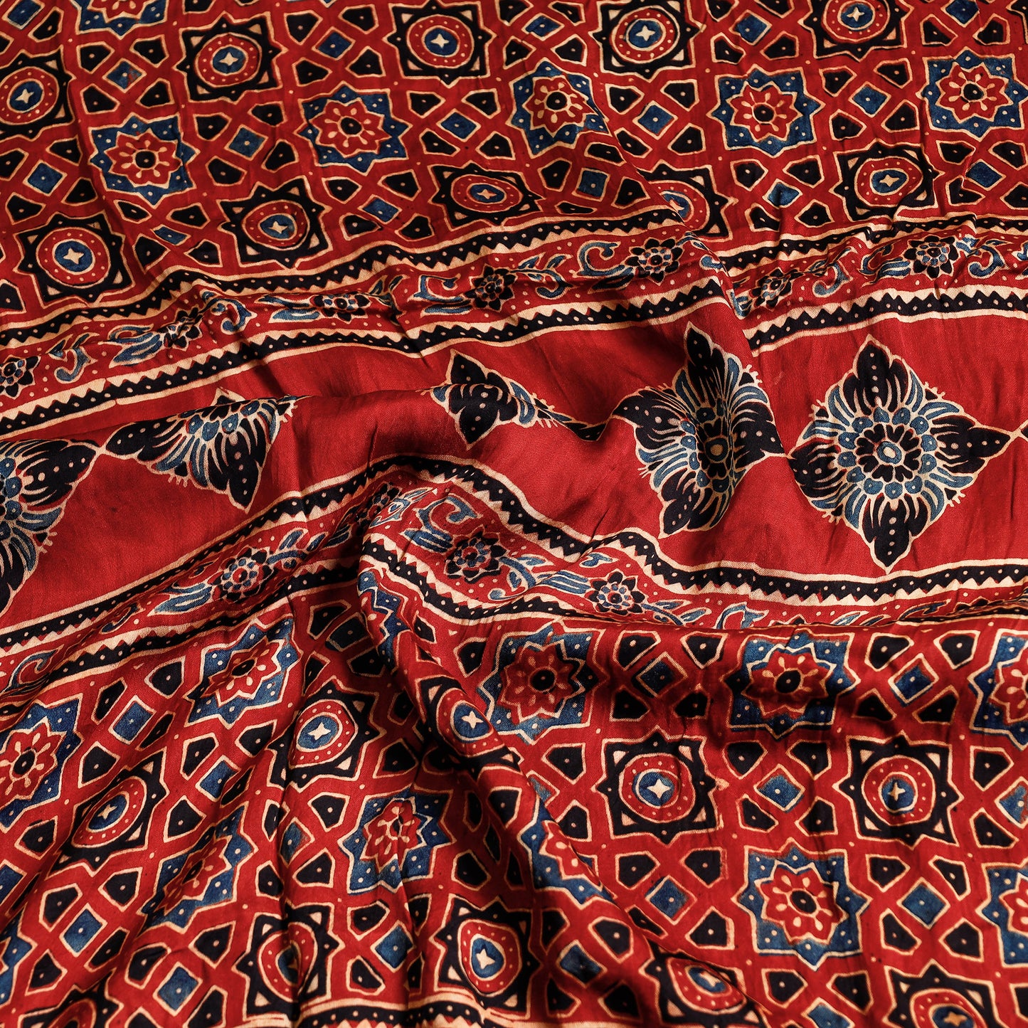 Red - Kutch Bandhani Tie-Dye Modal Silk Ajrakh Block Printing Saree