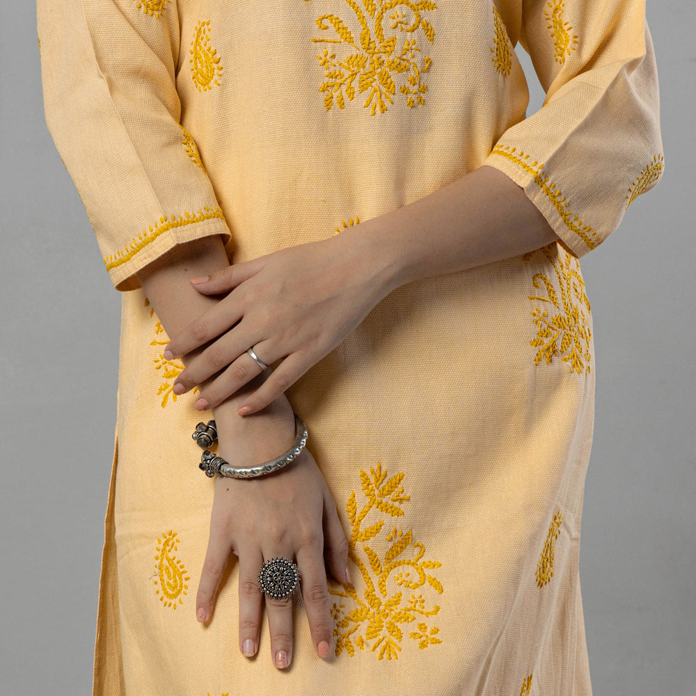 Yellow Chikankari Hand Embroidered Cotton Long Kurta