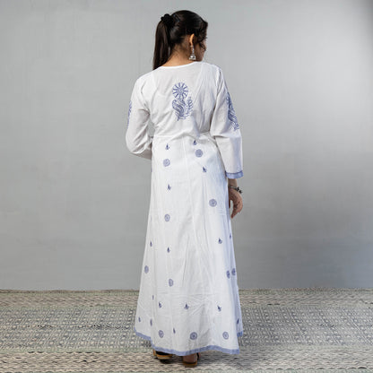 White Blue Chikankari Hand Embroidered Cotton Anarkali Long Kurta with Inner